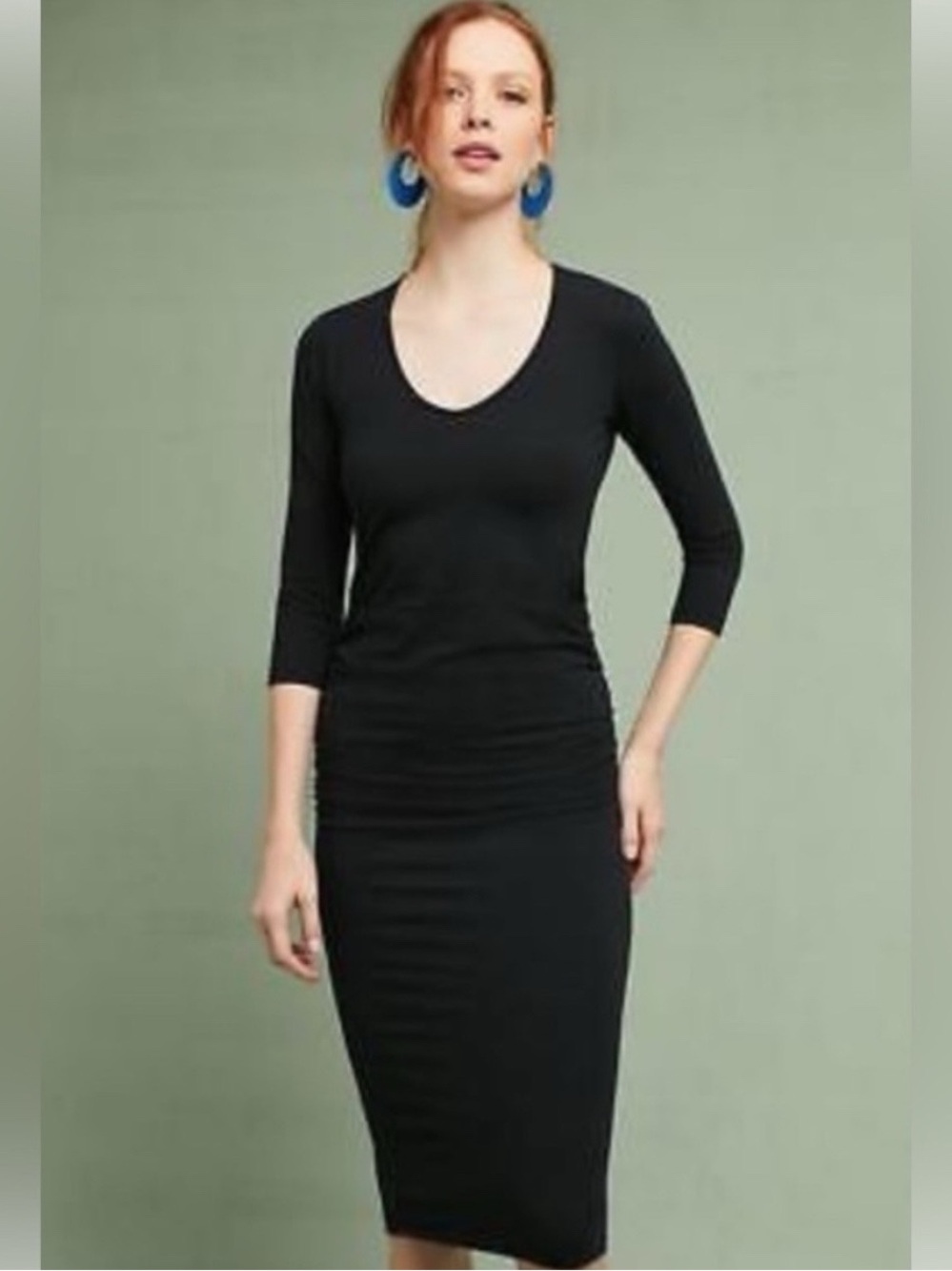 NWT MICHAEL STARS Small Petite Bodycon 3/4 Sleeve Elegant Black Midi Dress